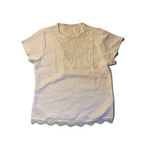 Womens White Floral Lace Edge Short Sleeve Round Neck Blouse Top Size Large